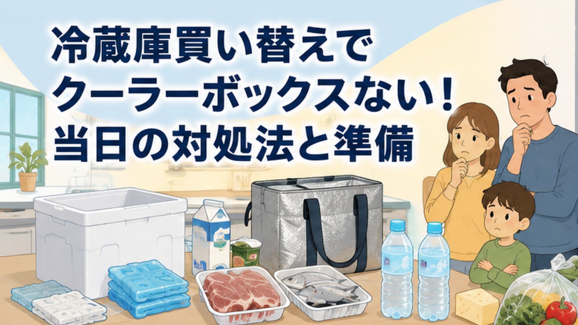 冷蔵庫の買い替え時に発泡スチロール箱や保冷バッグと食材を前に対処方法を考える家族