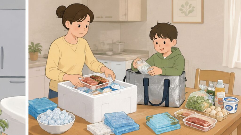 発泡スチロール箱と保冷バッグに保冷剤と食材を入れて一時保管の準備をする親子