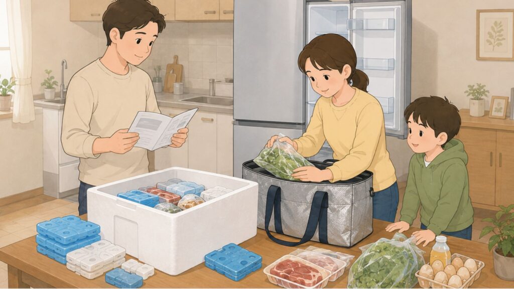新しい冷蔵庫の前で取扱説明書を確認しながら食材の移し替えを進める家族