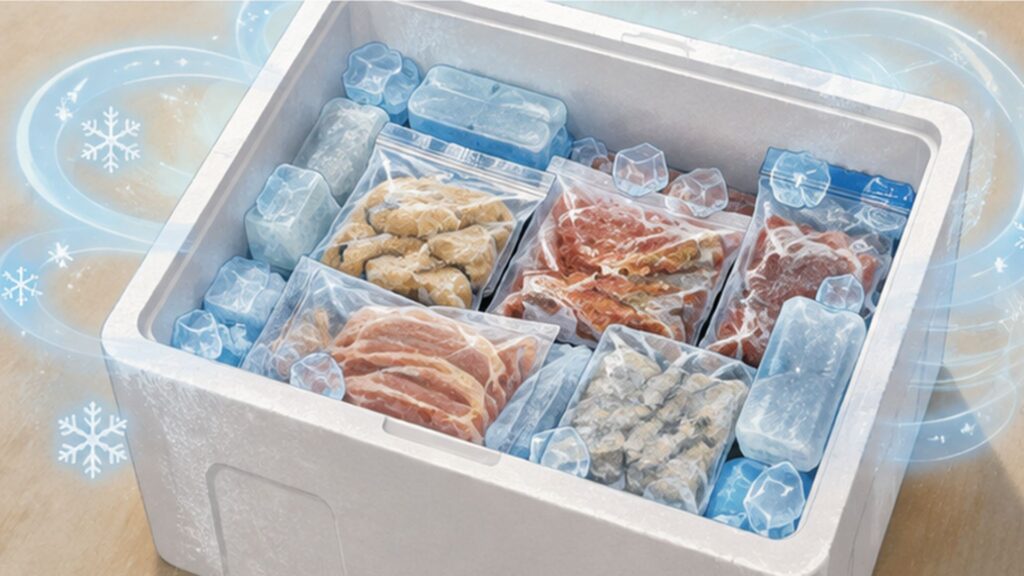 発泡スチロール箱の中で冷凍食品をまとめ周囲に保冷剤や氷を配置した様子