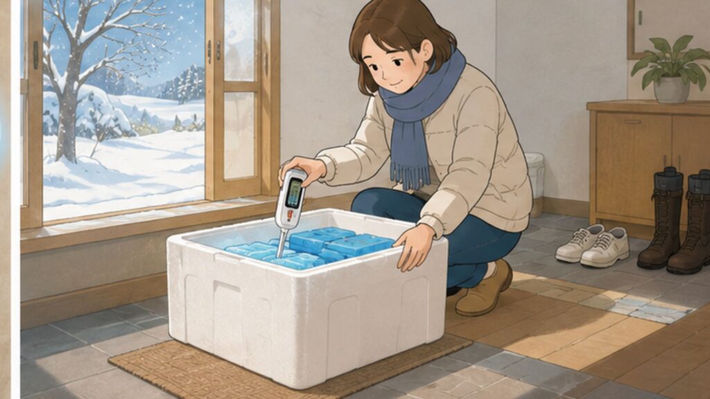 冬の室内で発泡スチロール箱の保冷状態を温度計で確認する女性