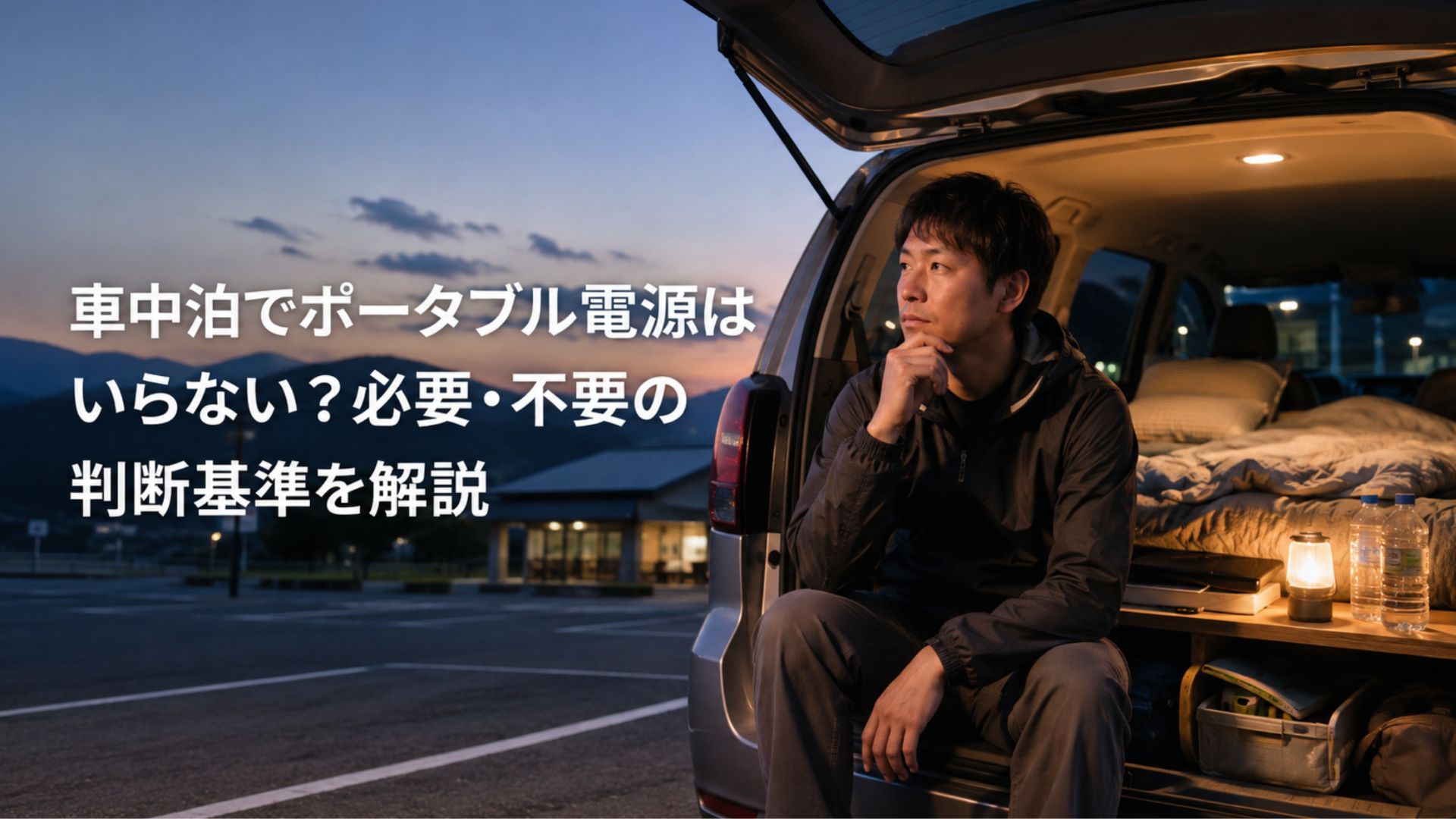 車中泊用に寝具を整えた車内で必要な電源について考える男性