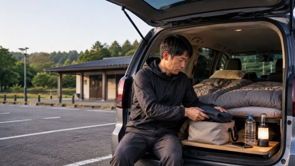 車中泊用の寝具やライト 飲み物など最低限の荷物を整理する男性