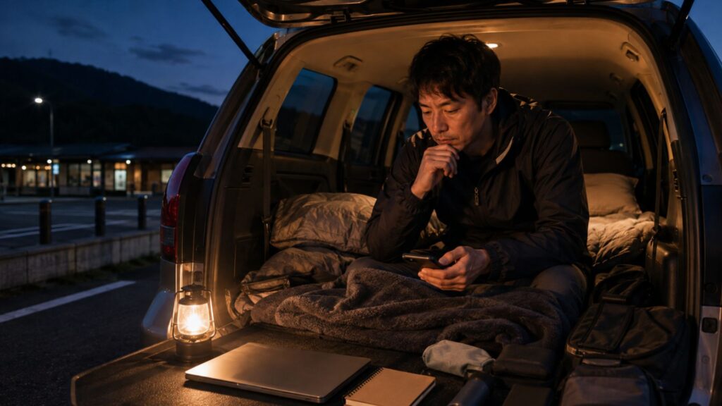夜の車内でスマホやノートパソコンを前に必要な装備を考える男性