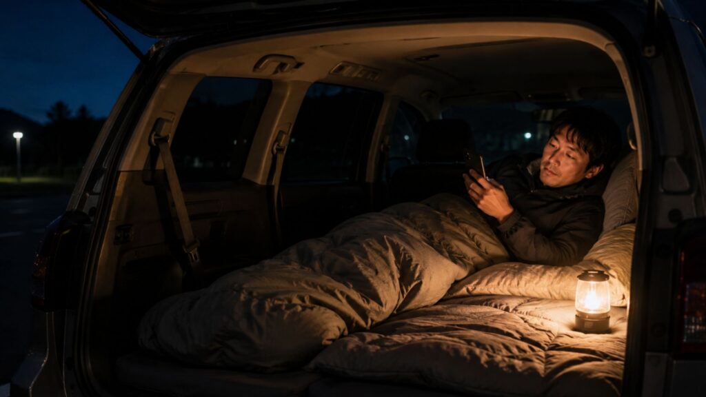 寝具とライトを用意した夜の車内でスマホを見ながら過ごす男性