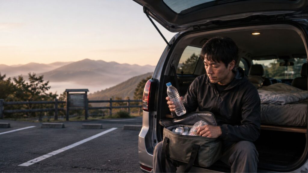 停車した車の荷室で保冷バッグの飲み物や食品を確認する男性