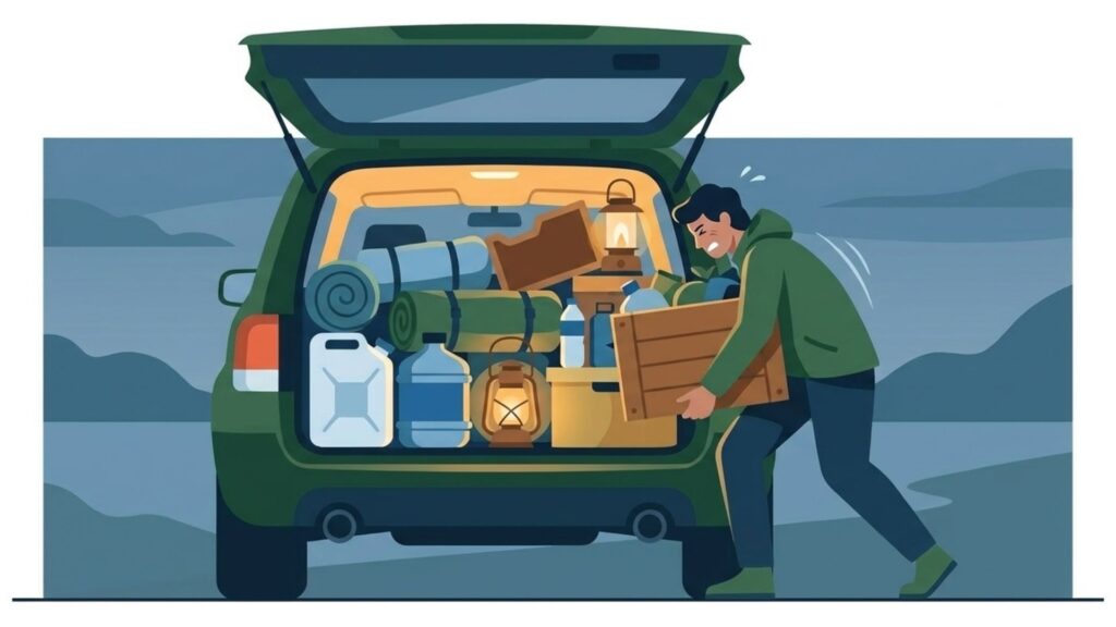 キャンプ用品を積んだ車の荷室で重い荷物を運ぶ男性を描き、車中泊での持ち運び負担を表した場面