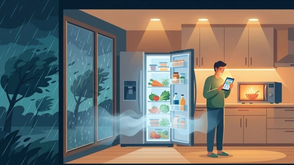 悪天候時の家庭で冷蔵庫や電子レンジを使う場面を描き、防災時の電力用途を表したイメージ