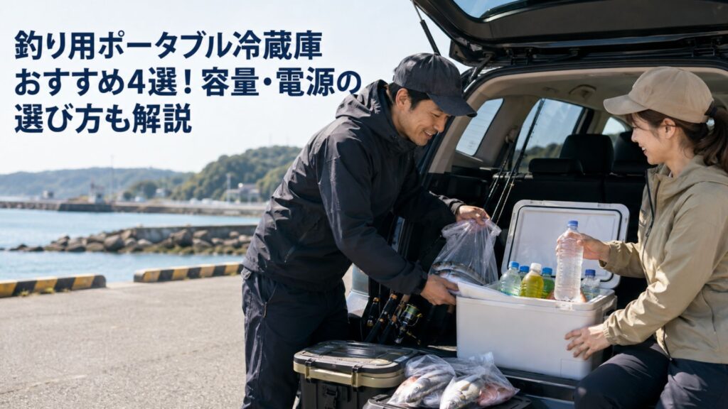 港で車の荷室にある白い保冷ボックスへ魚や飲み物を収納する釣り人の男女