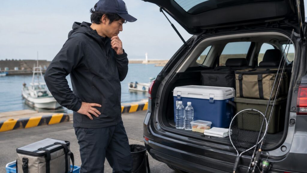 港で車の荷室に積んだ複数の保冷ボックスやバッグを前に選び方を考える男性