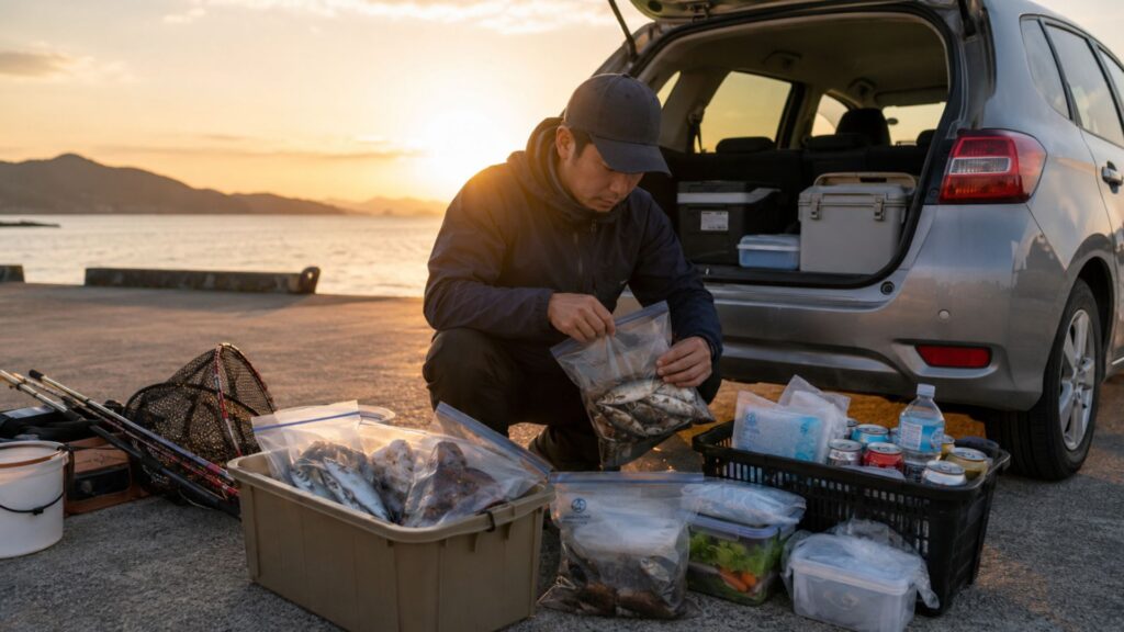 夕暮れの港で車のそばに釣った魚や飲み物、保冷用品を並べて整理する男性