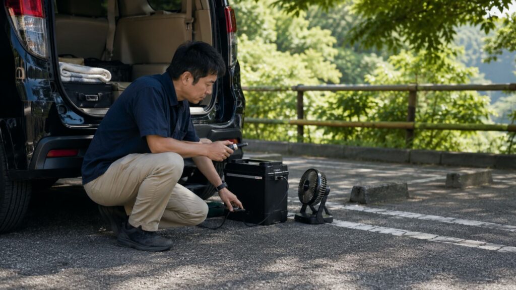 木陰の駐車場で車のそばに置いた電源機器とケーブルを確認する男性