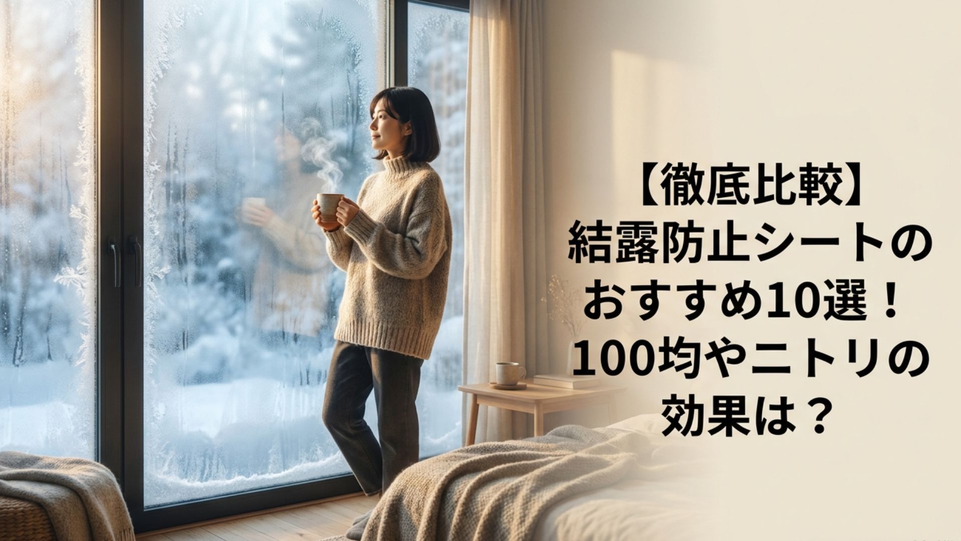 結露した冬の窓辺で温かい飲み物を持つ女性