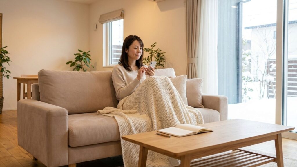 冬の窓があるリビングでくつろぐ日本人女性