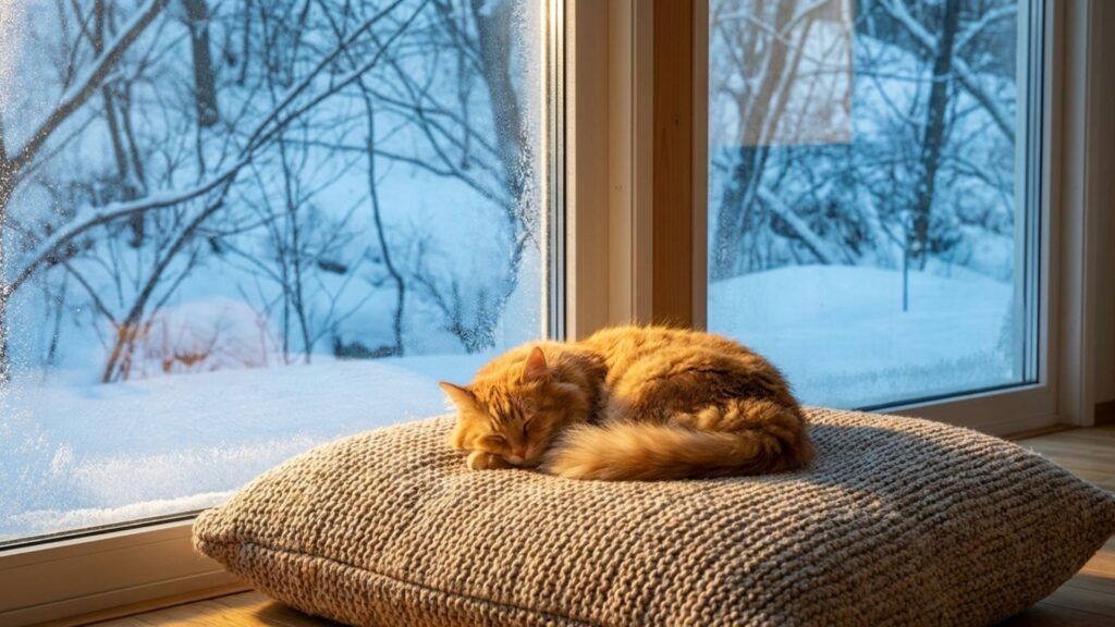 冬の冷えた窓辺でクッションの上に眠る猫