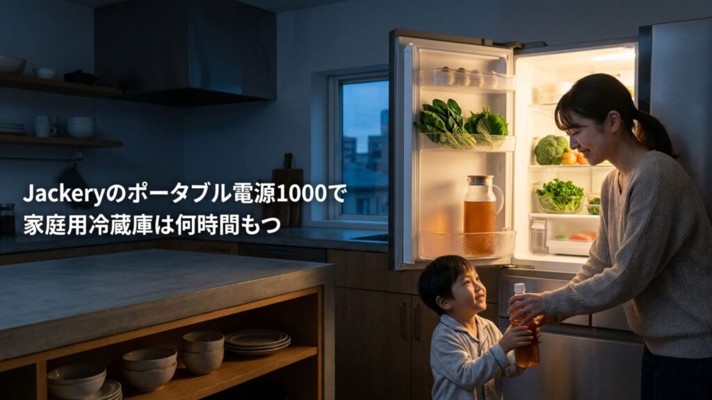 夜のキッチンで開いた冷蔵庫の前にいる母親と子ども