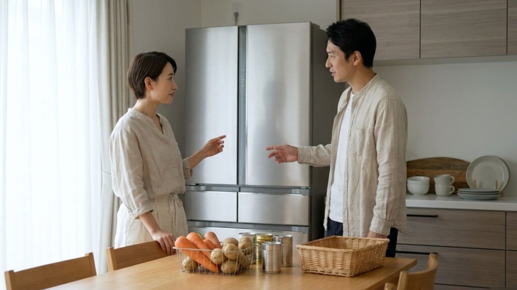 冷蔵庫の前で野菜や缶詰などの備蓄品を確認する男女