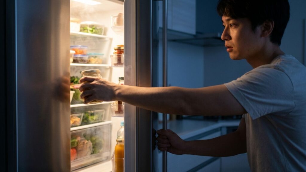 暗いキッチンで冷蔵庫を開けて食品を取り出す男性