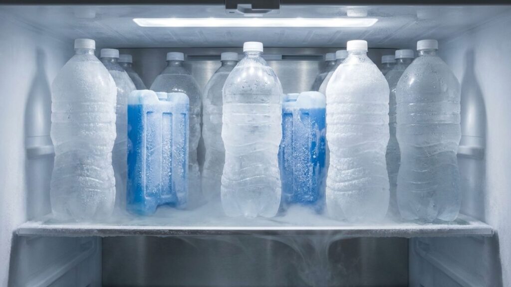 凍ったペットボトルと保冷剤が並ぶ冷凍室内