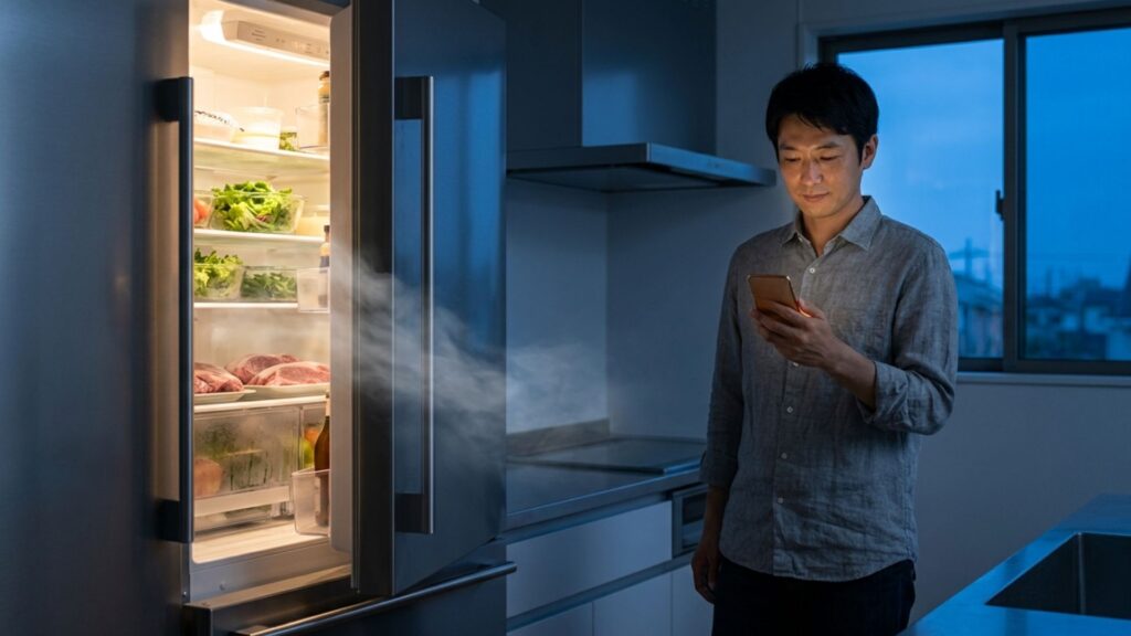 開いた家庭用冷蔵庫のそばでスマートフォンを確認する男性