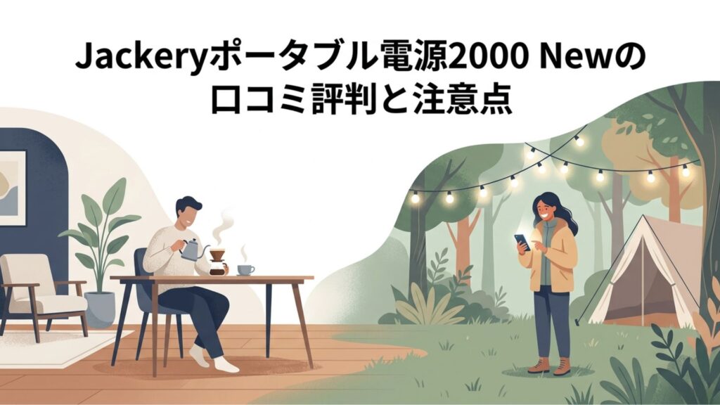 自宅でコーヒーを楽しむ場面と、キャンプ場でスマートフォンを使う場面を組み合わせたJackeryポータブル電源2000 Newの記事イメージ