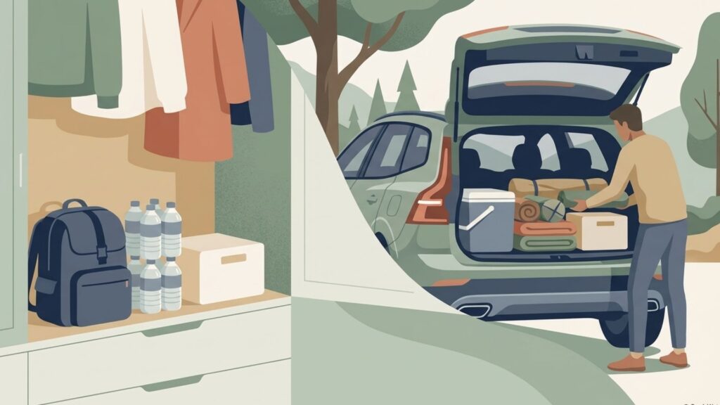 自宅で防災用品を保管する場面と、車の荷室に冷蔵用ボックスやキャンプ用品を積み込む場面