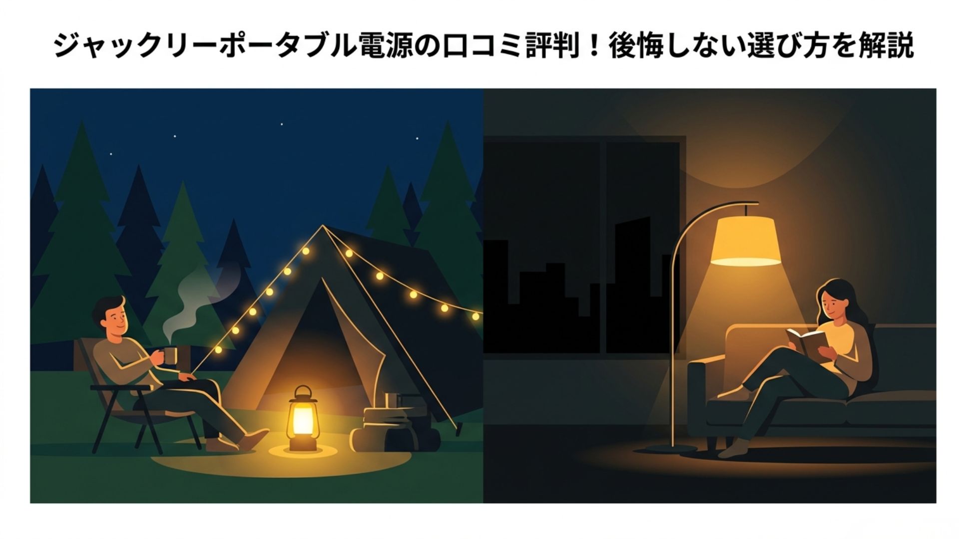 夜のキャンプ場と自宅で過ごす場面を左右に描いた、Jackeryポータブル電源の口コミと選び方をテーマにしたアイキャッチ