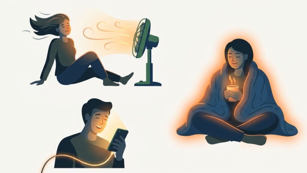 扇風機で涼む人、毛布と温かい飲み物で過ごす人、スマートフォンを充電する人を描いた複数の利用場面