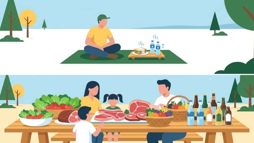 1人分の少量の飲食物と家族・複数人分の多くの食材を対比したアウトドア利用の場面