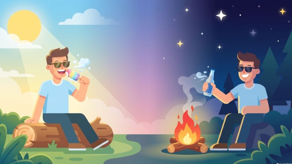 昼のアウトドア利用から夜のキャンプまでの時間経過を対比したコードレス利用のイメージ