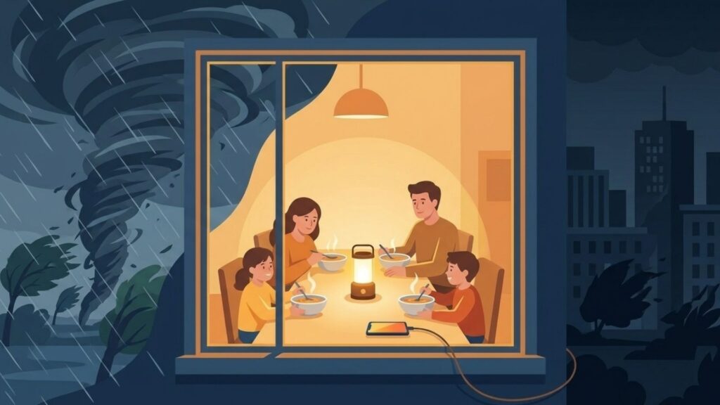 荒天の夜に、室内で家族がランタンの明かりの下で食事をし、スマートフォンを充電している場面