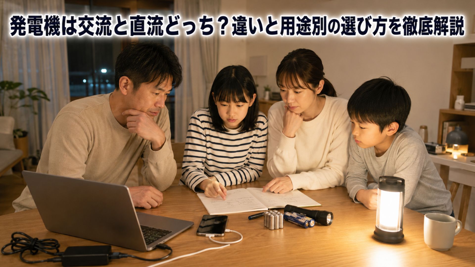 ノートパソコンや乾電池、ランタンを囲み家庭の電源利用について確認する家族