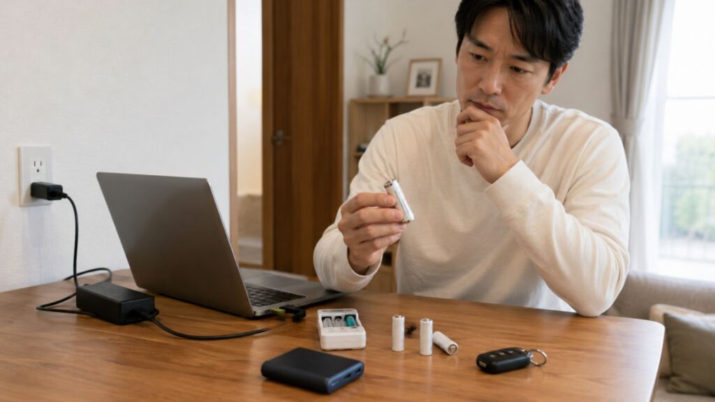 ノートパソコンと乾電池を見比べながら電源の違いを考える男性