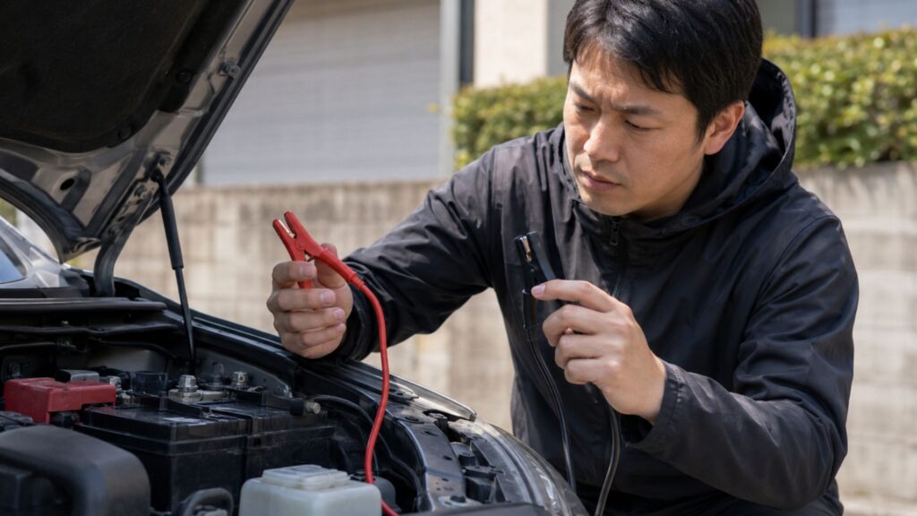 車のバッテリー付近で赤黒のケーブルクリップを慎重に確認する男性