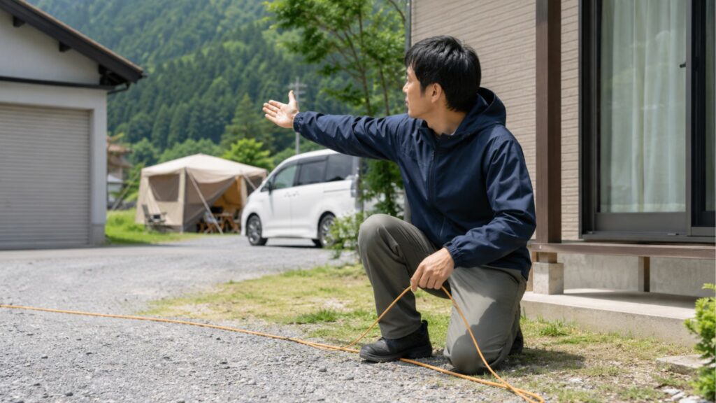 家の外の開けた場所で延長コードと周囲の使用環境を確認する男性
