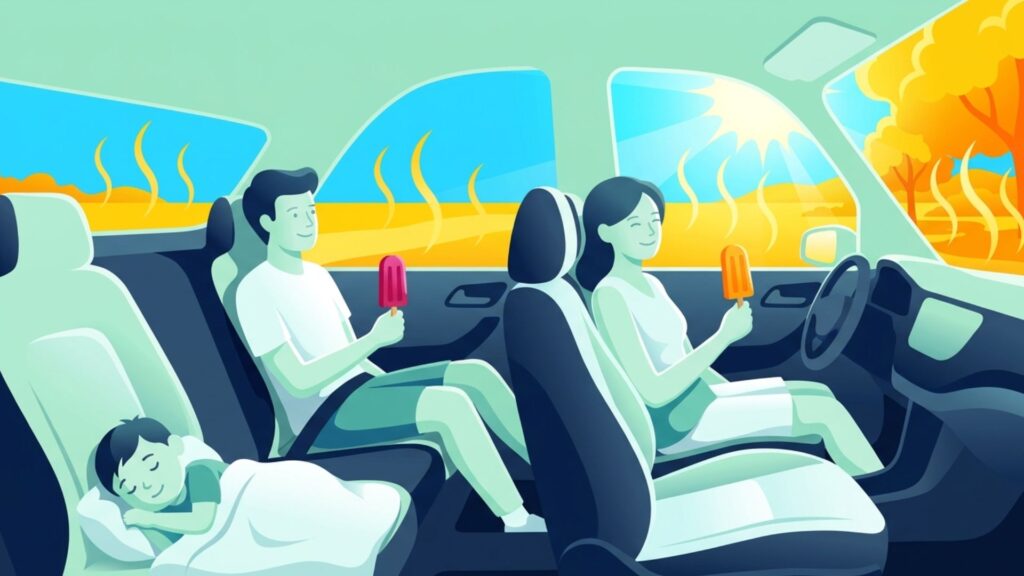 暑い車内で冷たいアイスを手にする大人と後部座席で休む子ども