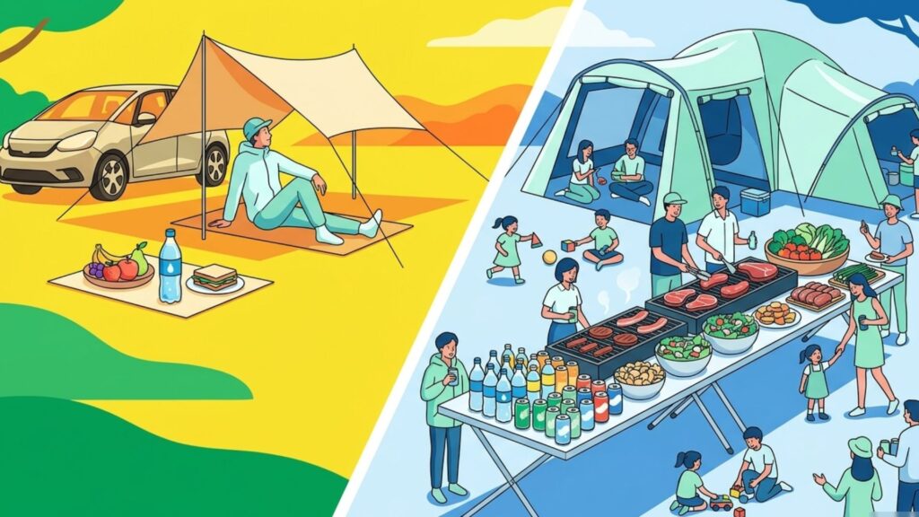 一人で過ごすキャンプと家族やグループで多くの飲食物を囲むキャンプを対比した場面