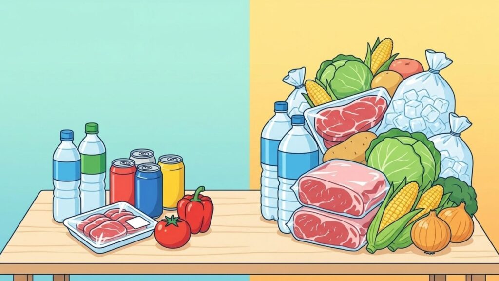 少量の飲み物と食材、多量の飲み物や肉・野菜を左右に並べた収納量の比較
