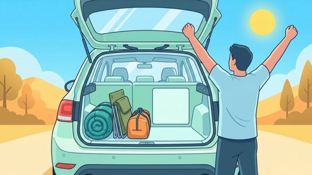 キャンプ道具と収納ボックスを積んだ車の荷室を確認する人物