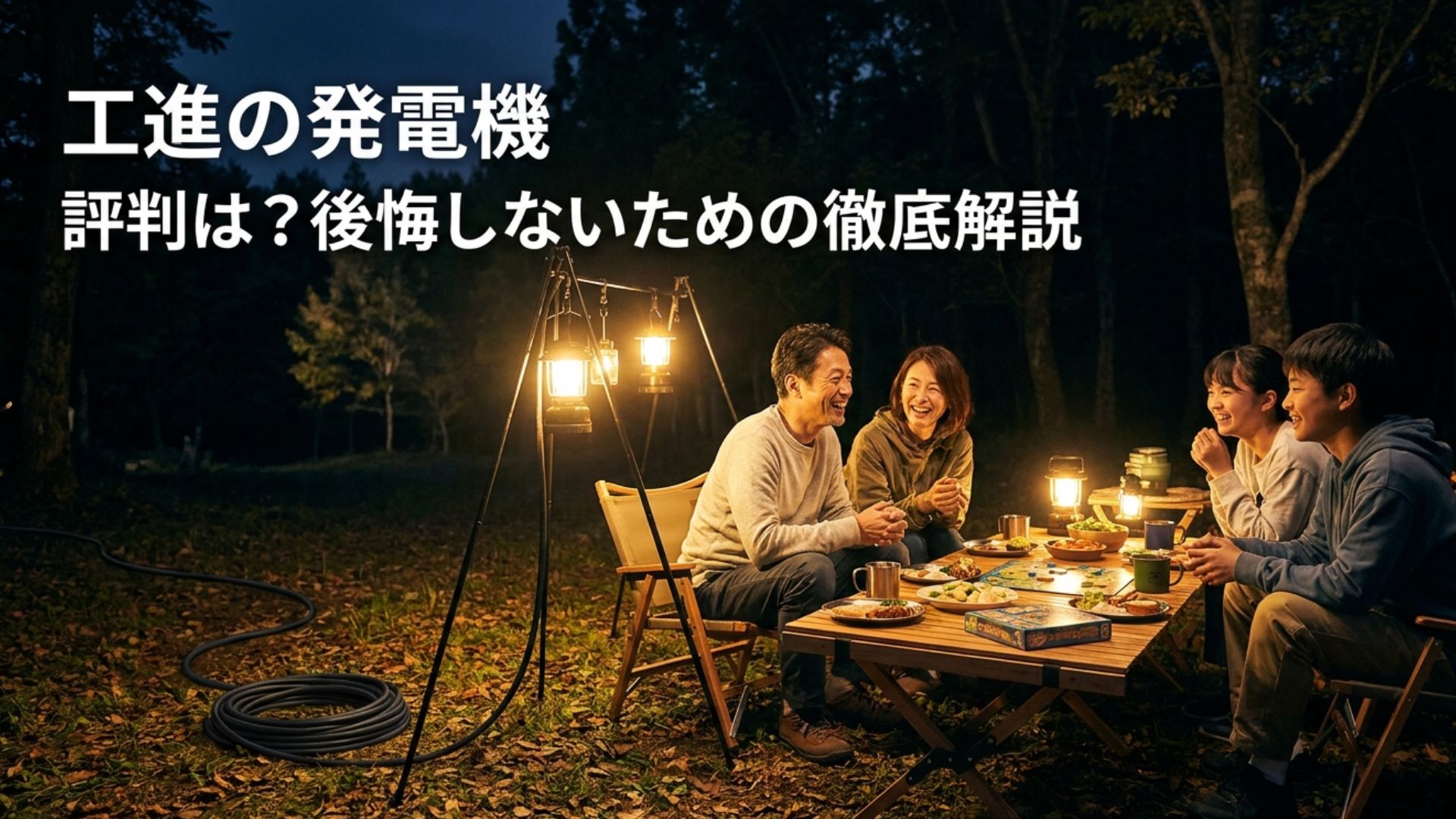 夜のキャンプ場で照明を囲んで過ごす家族と「工進の発電機 評判は？後悔しないための徹底解説」の文字