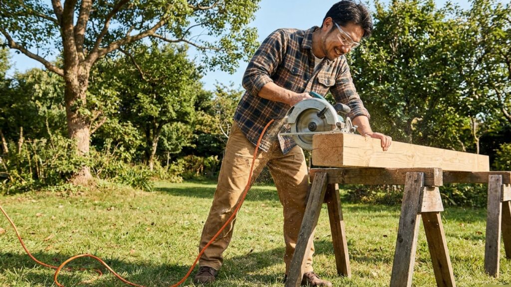 屋外で電源コード式の丸ノコを使って木材を切る男性