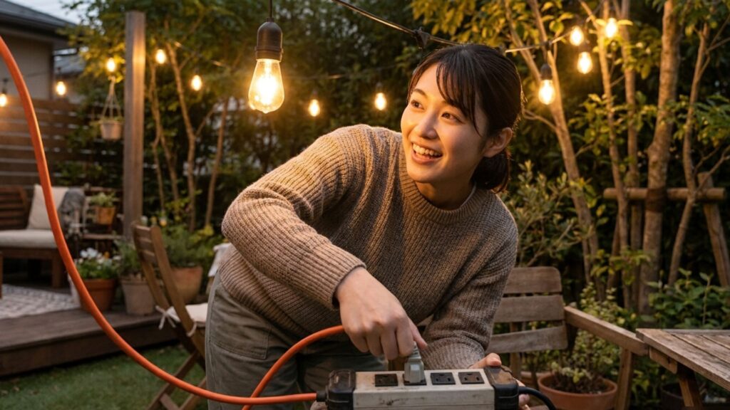 庭で延長コードを電源タップに接続し照明を使う準備をする女性