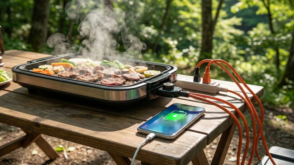 屋外テーブルでホットプレートを使いスマートフォンを充電している場面