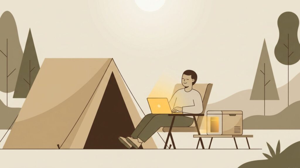 キャンプ場でノートPCとポータブル電源を利用する人物