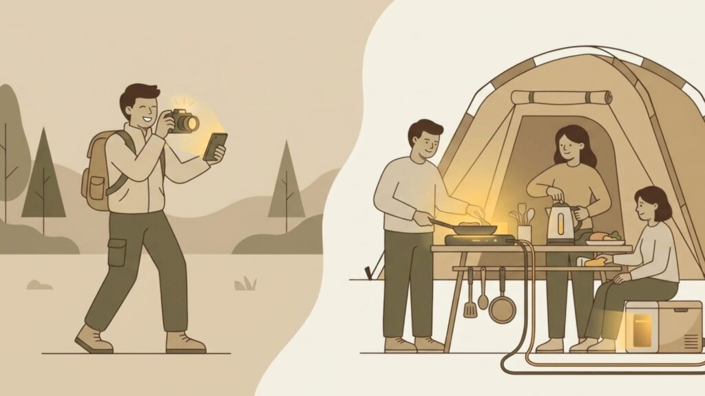 撮影機材を持つ人物とキャンプで電気機器を利用する家族の2つの利用場面