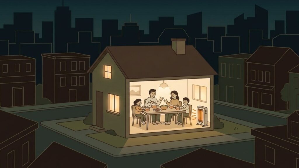 停電時を想定した夜の住宅で家族が電気を確保して過ごしている様子