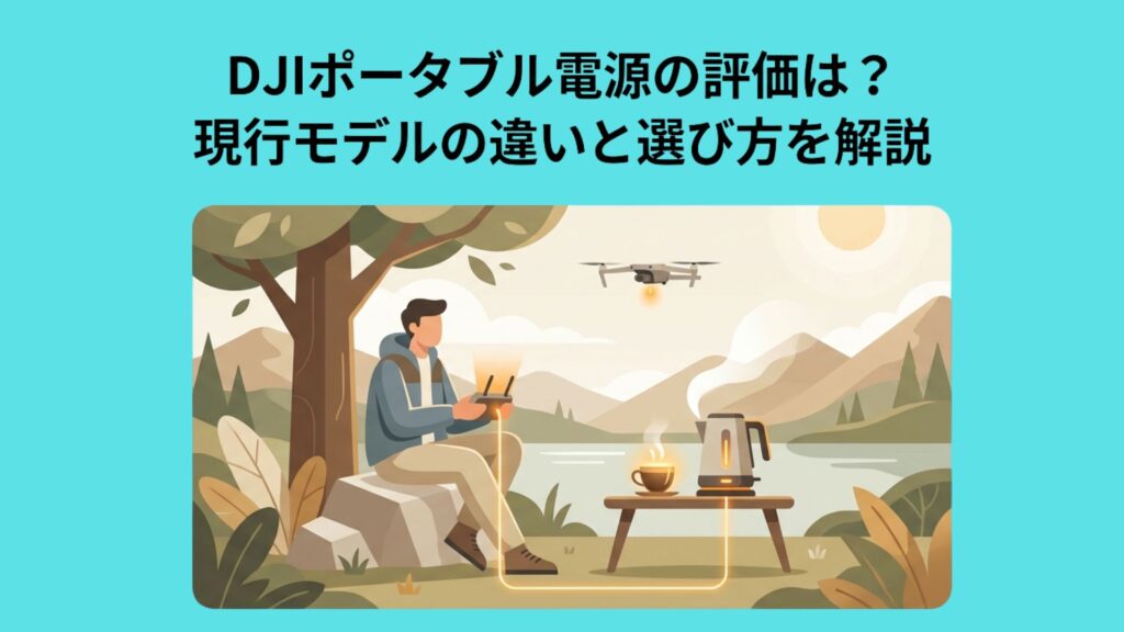 アウトドアでドローンや電気機器を利用する人物と「DJIポータブル電源の評価は？現行モデルの違いと選び方を解説」のタイトル