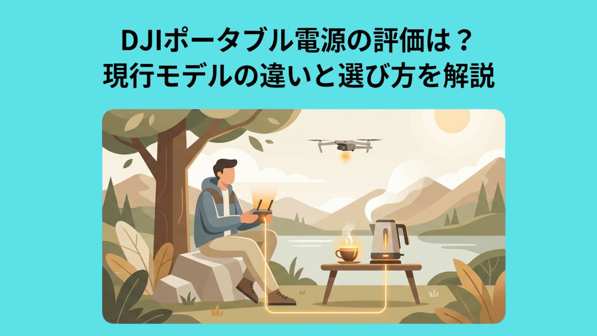 アウトドアでドローンや電気機器を利用する人物と「DJIポータブル電源の評価は？現行モデルの違いと選び方を解説」のタイトル