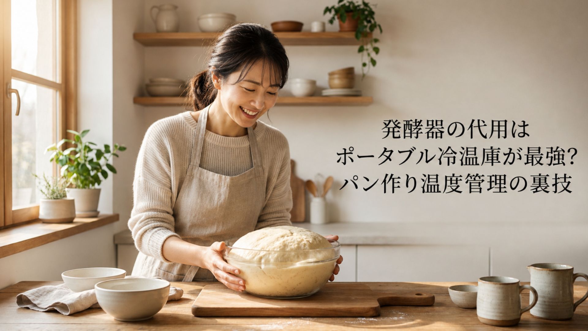 キッチンで発酵したパン生地を確認する女性と「発酵器の代用はポータブル冷温庫が最強？パン作り温度管理の裏技」のタイトル