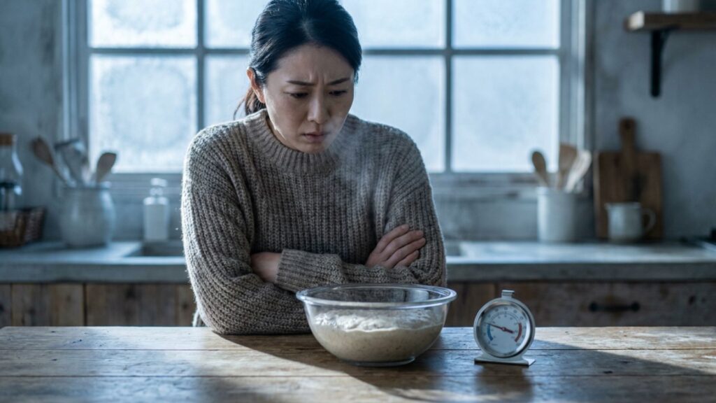 室温を気にしながらボウルのパン生地と温度計を確認する女性